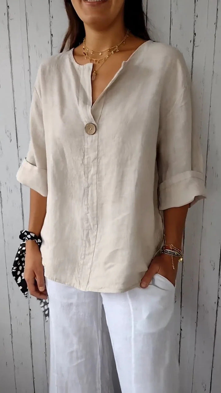 Women’s Cotton Linen Button Pullover Top – Casual Commuter Blouse - Image 3