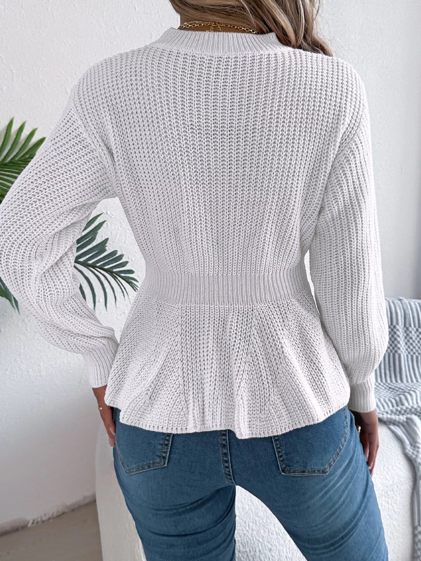 Cable Knit Peplum Sweater with Round Neck Design - Image 3