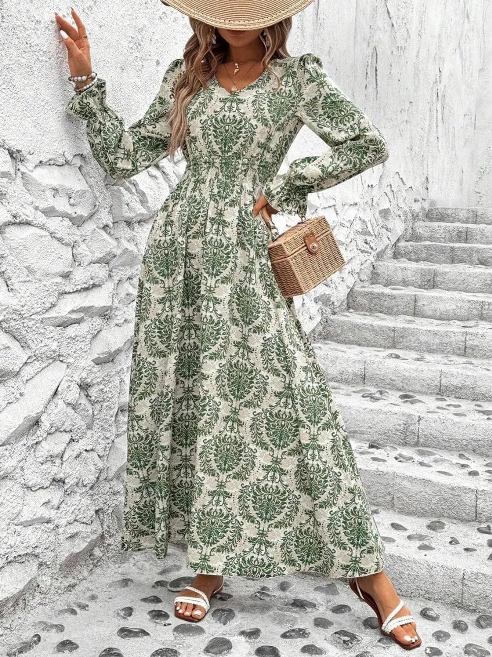 Smocked Printed V-Neck Dress with Flounce Sleeves - Image 5