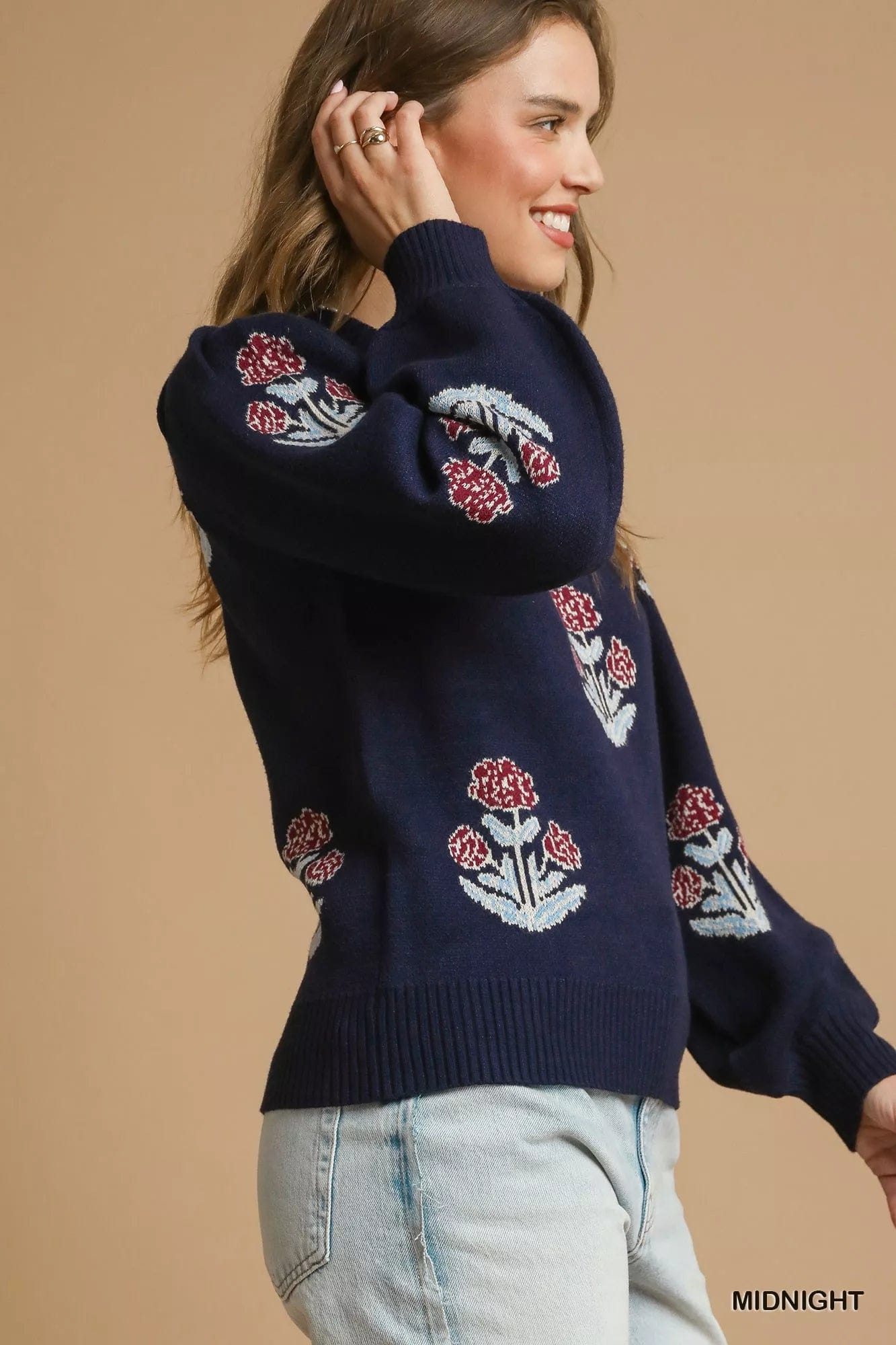 Floral Knit Sweater with Puff Sleeves - Stylish and Trendy Floral Sweater - Image 2
