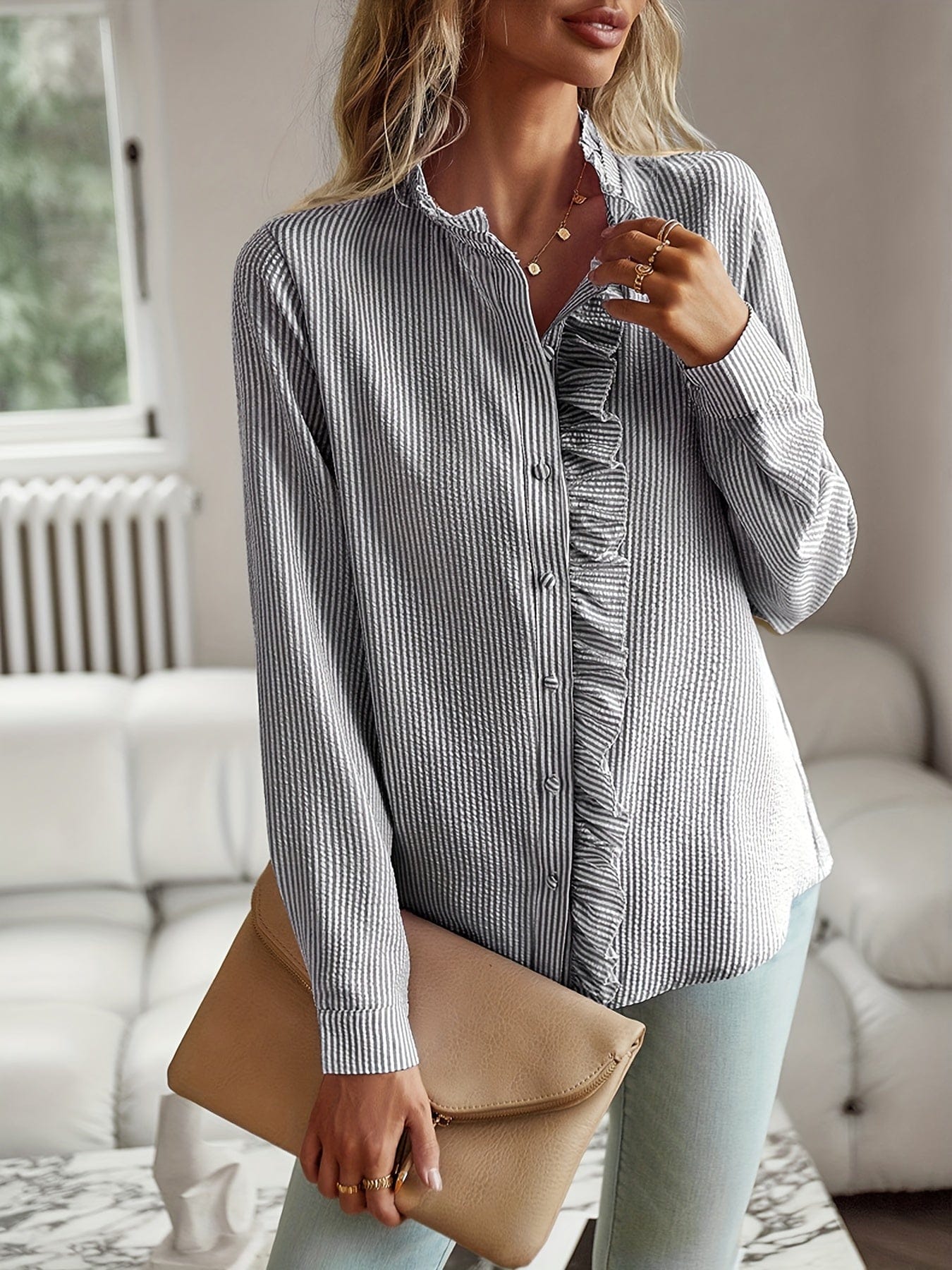 Elegant Ruffle Stand Collar Blouse for Women – White Textured Commuter Shirt - Image 5