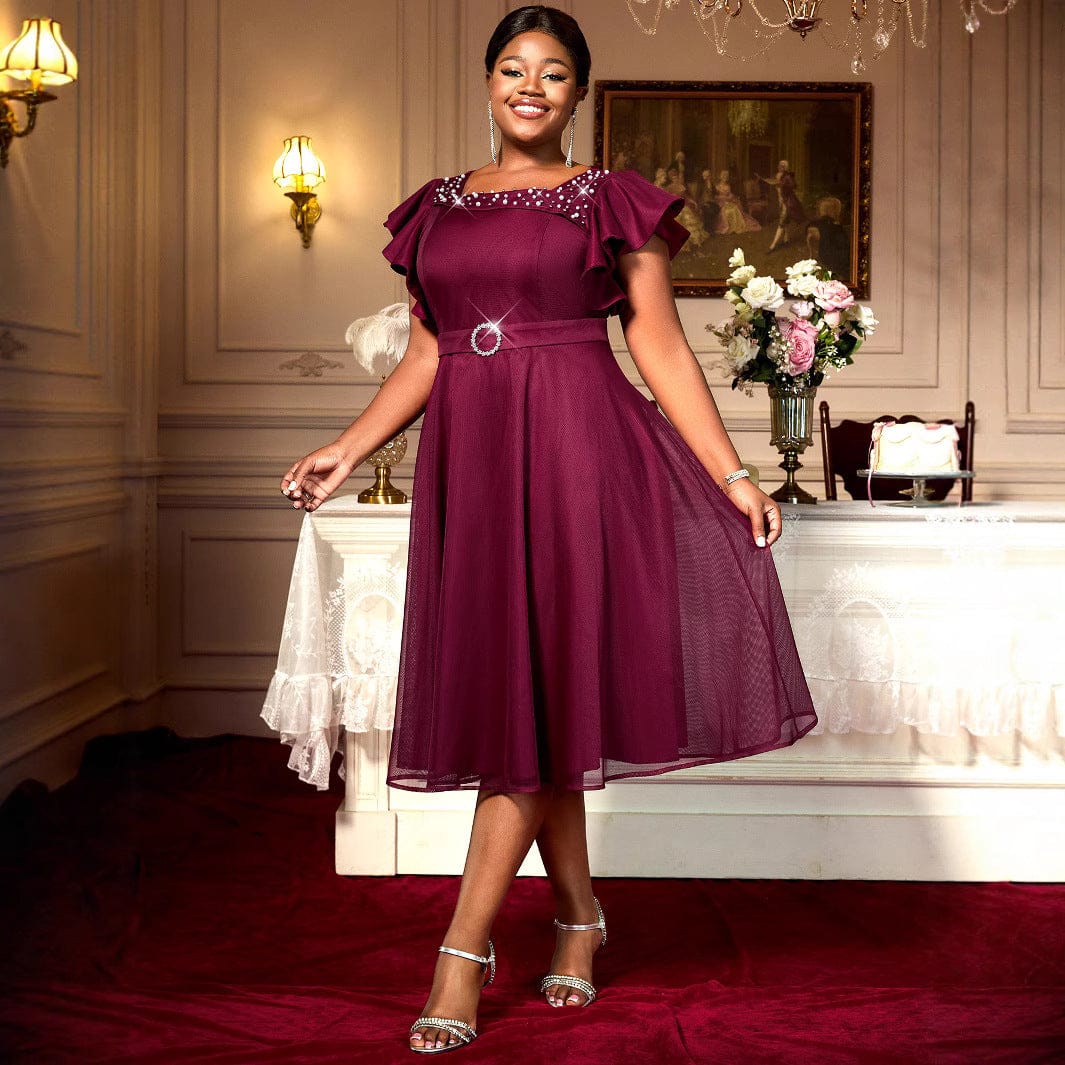 Wine Red Plus Size A-Line Midi Dress Ruffled Sleeves Beaded Socialite Gown