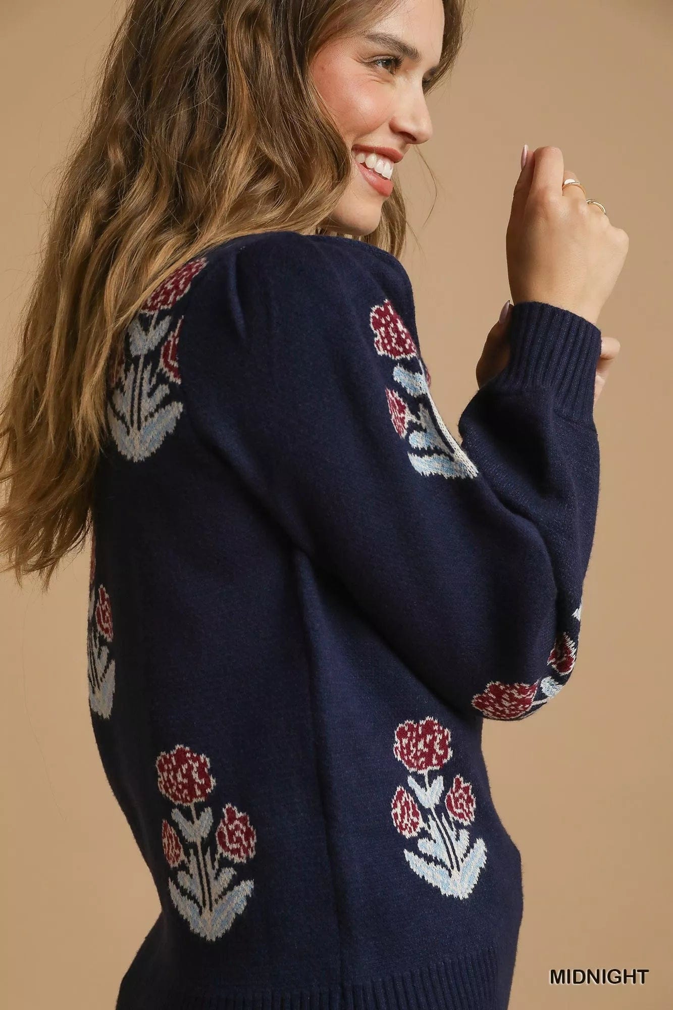Floral Knit Sweater with Puff Sleeves - Stylish and Trendy Floral Sweater - Image 3