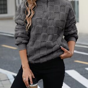 Cozy Checkered Fleece Sweatshirt with Quarter Zip Design