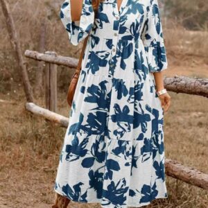 Floral Print Tiered Dress with Button Front Detail