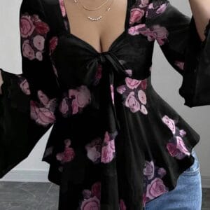 Floral Print Blouse with Tie Front and Flare Sleeves