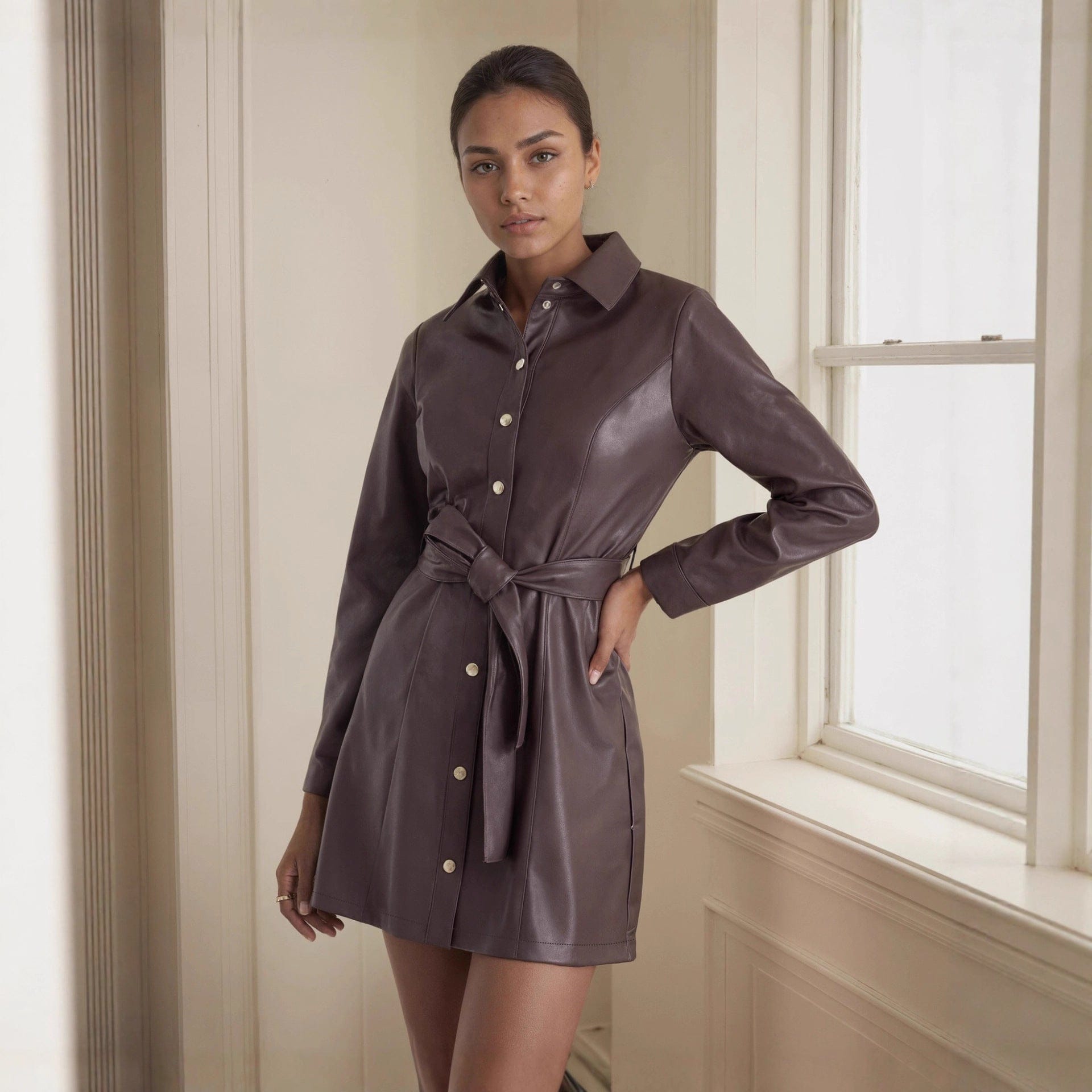 Belted Long-sleeve Leather Coat for Timeless Style