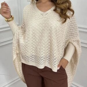 Crochet Oversized Sweater with V-Neck and Batwing Sleeves