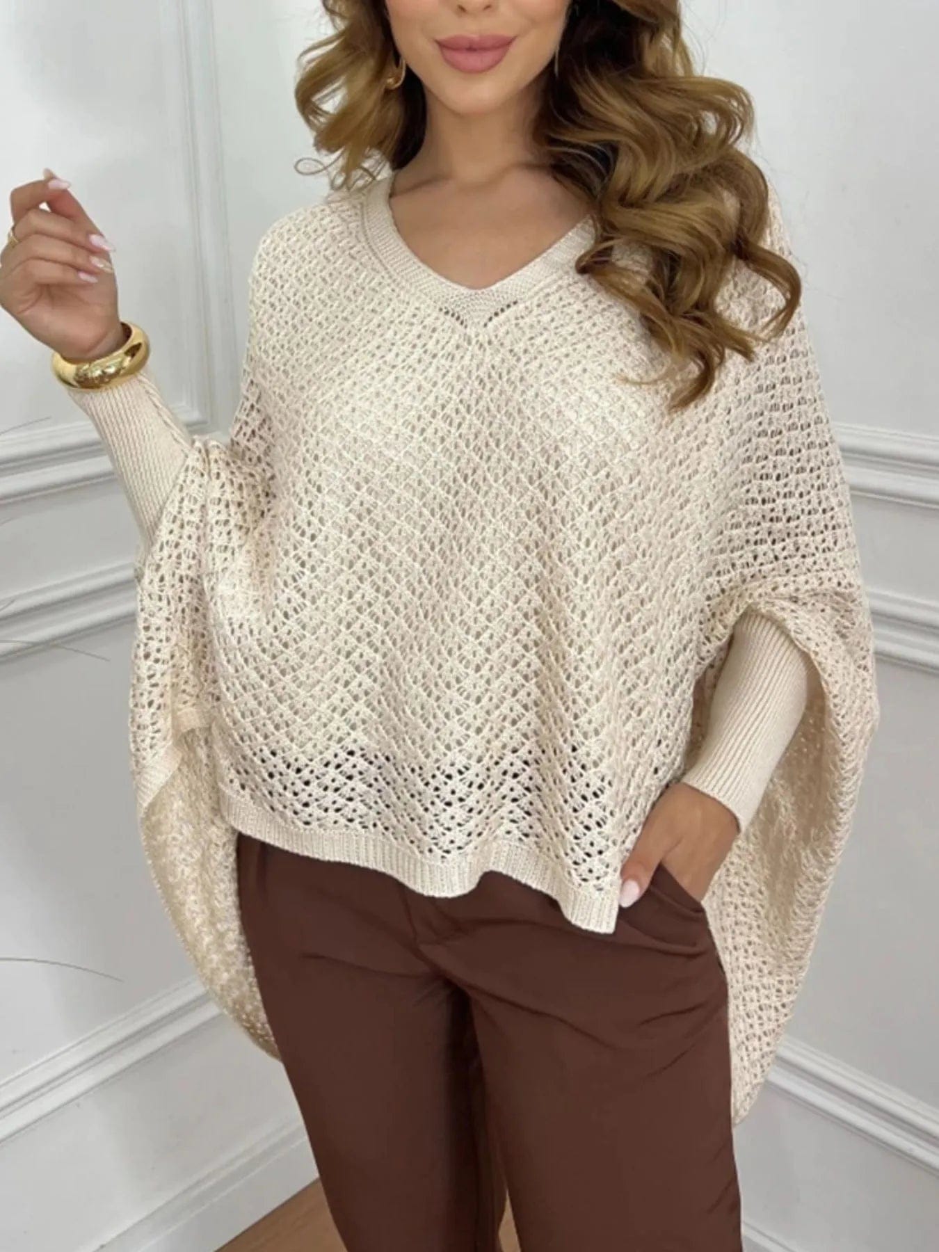 Crochet Oversized Sweater with V-Neck and Batwing Sleeves