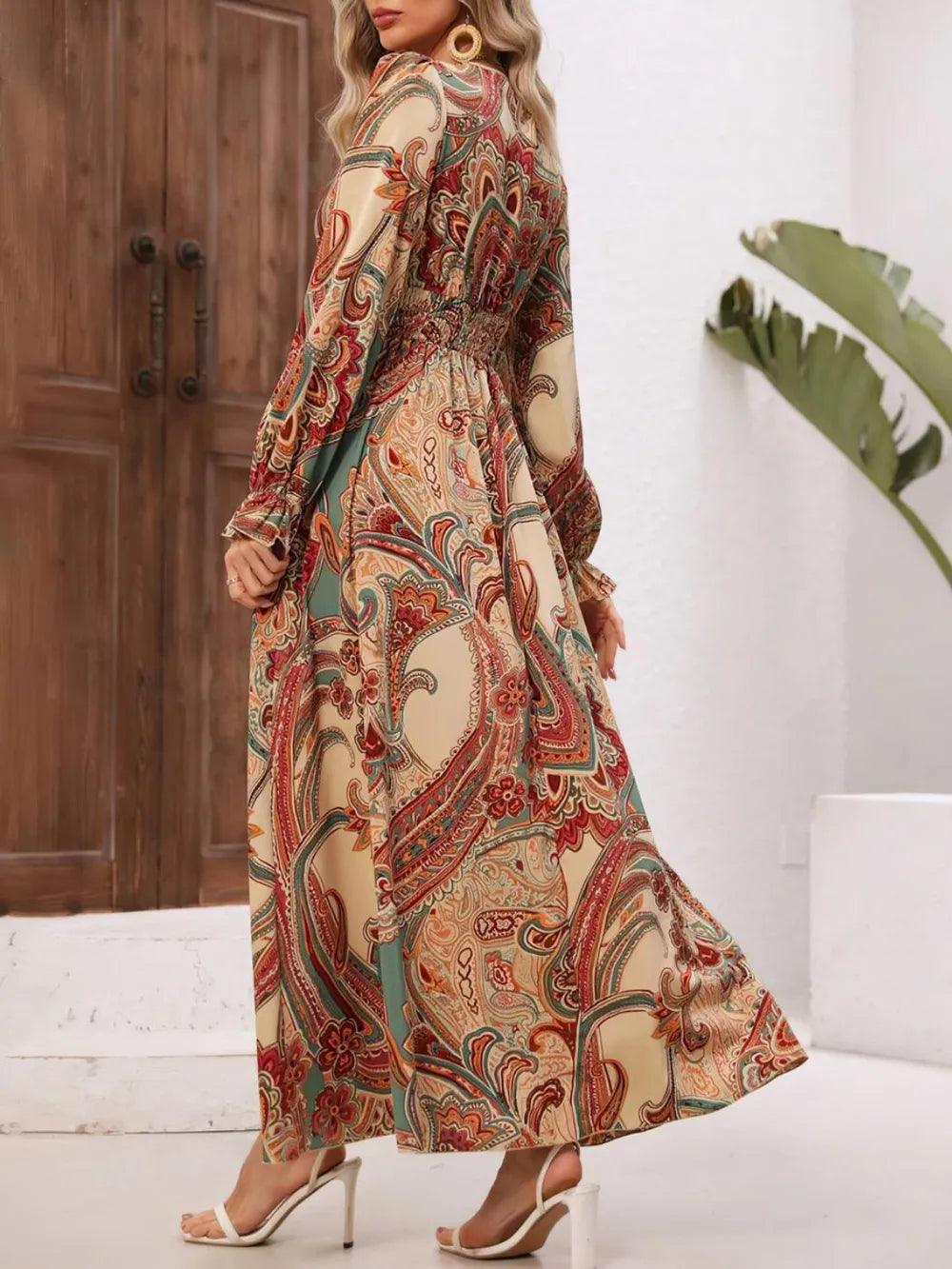 Smocked Printed V-Neck Dress with Flounce Sleeves - Image 2