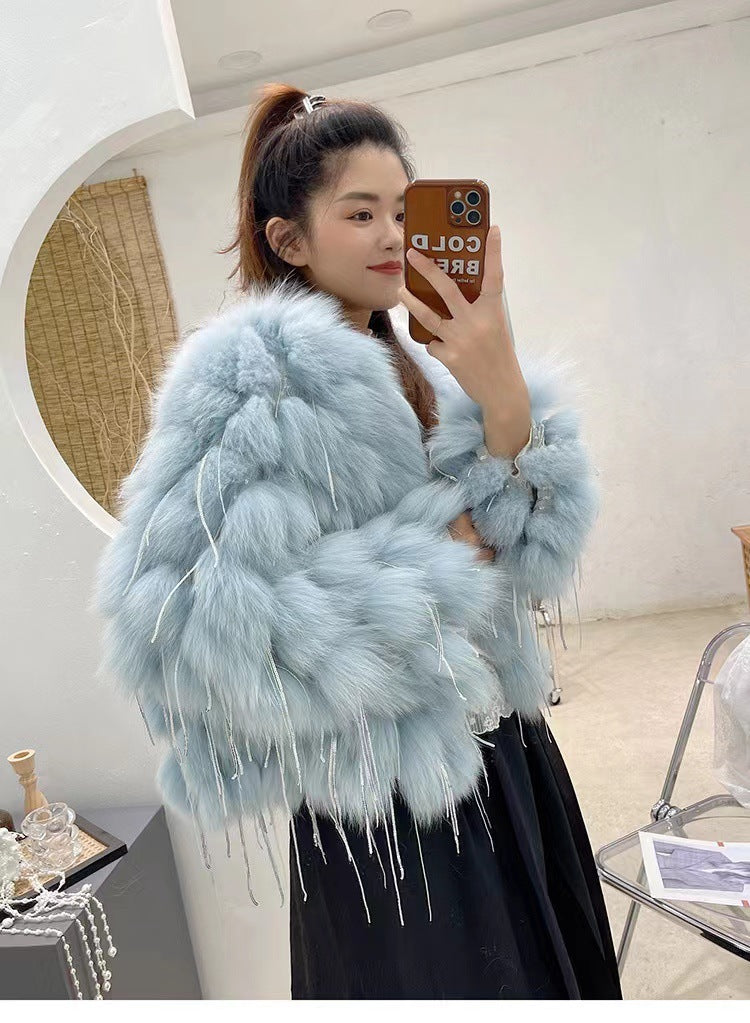 Fox Fur Short Coat with Tassels | Thickening Design for Ultimate Warmth - Image 2