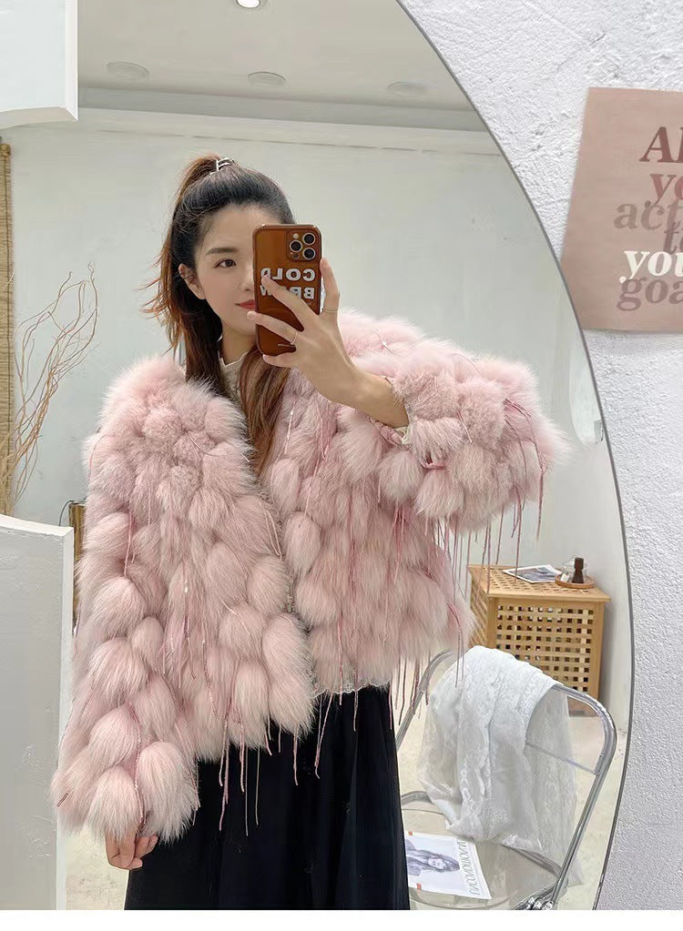 Fox Fur Short Coat with Tassels | Thickening Design for Ultimate Warmth - Image 4