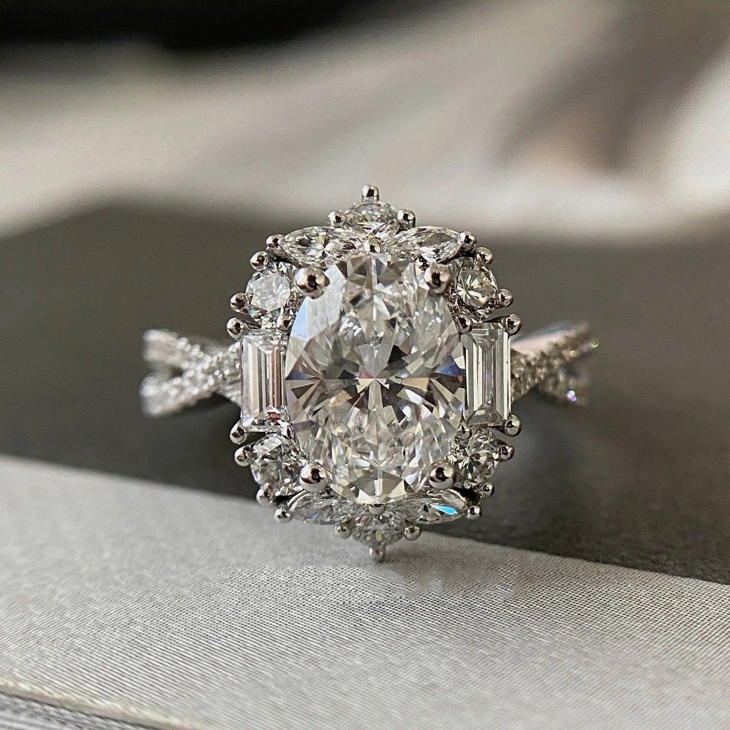Luxury Oval Simulated Moissanite Ring – White Gold Plated Cluster Zircon Ring - Image 2