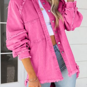 Button Down Denim Jacket with Raw Hem Details