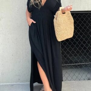 Full Size Plus Size Deep V-Neck Maxi Dress with Side Slit