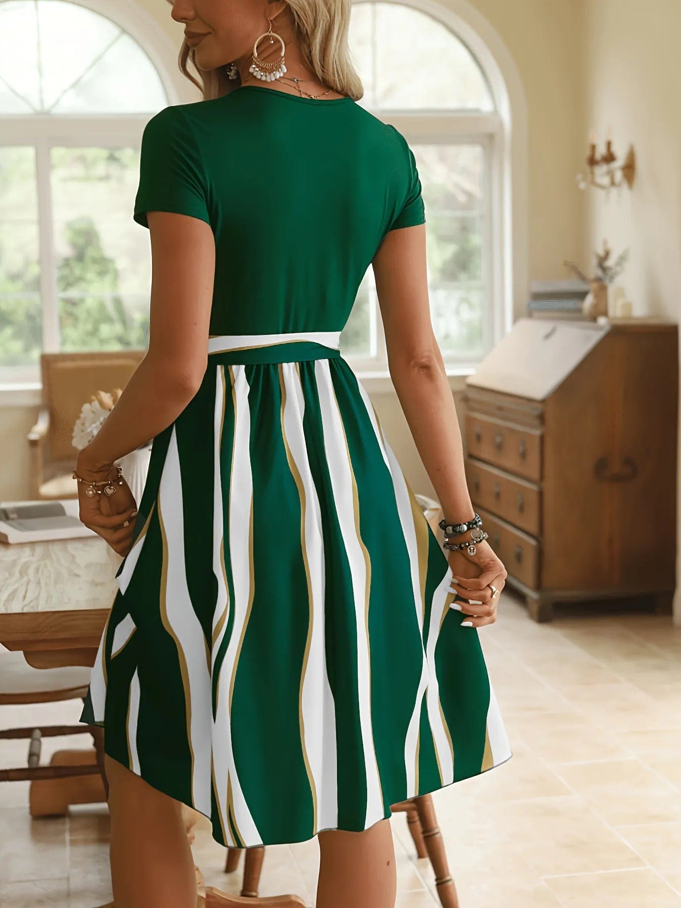 Striped Tie Waist Dress with Short Sleeves - Image 2