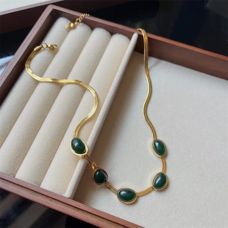 Women’s Green Retro Jewelry Set - Titanium Steel Necklace & Bracelet - Image 2