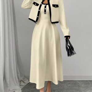 Contrast Trim Maxi Dress Set with Cropped Cardigan