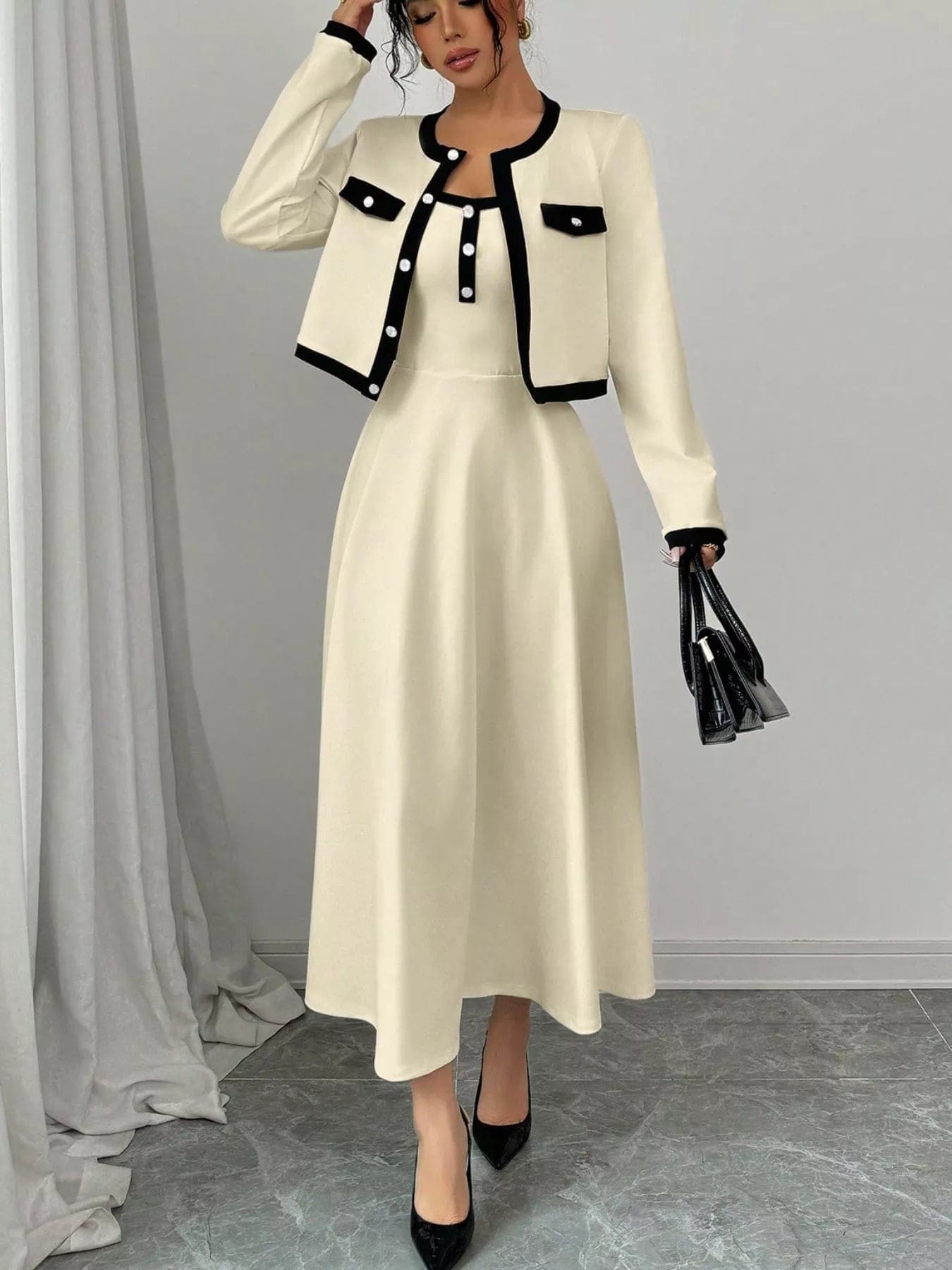 Contrast Trim Maxi Dress Set with Cropped Cardigan