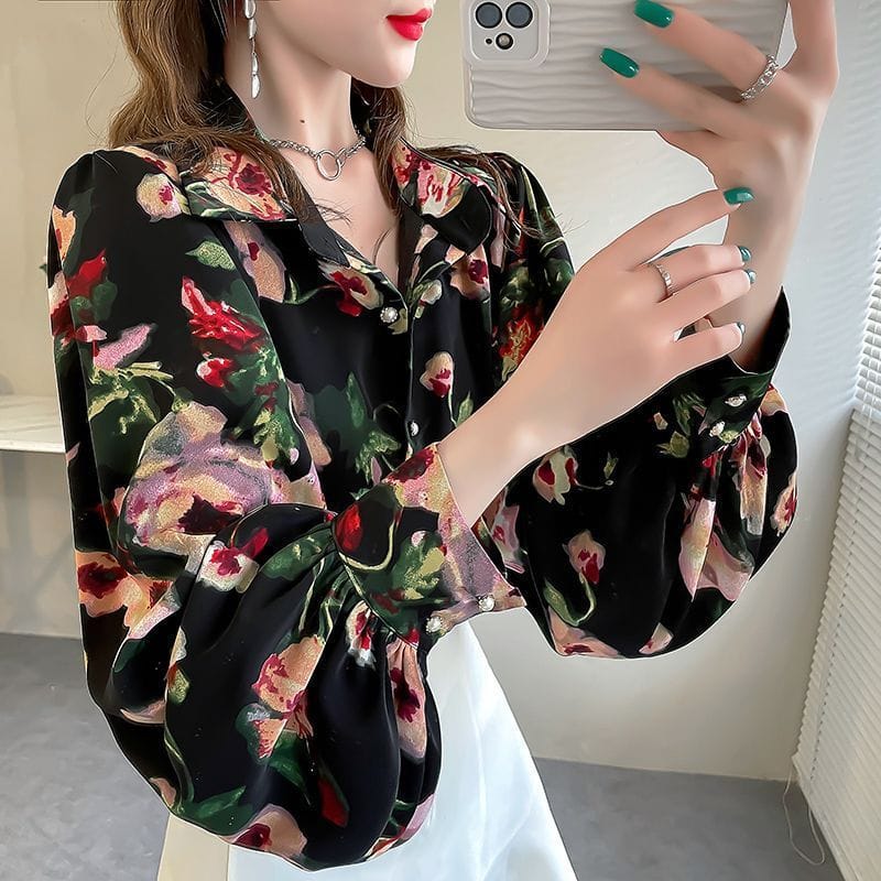 Chiffon Floral Blouse with Lantern Sleeves - Image 5