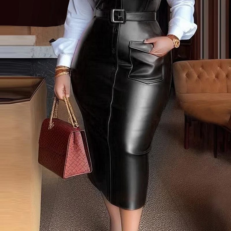 V-Neck Leather Trim Shirt Dress – Belted Statement Work-to-Evening Dress - Image 2