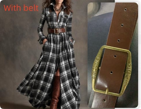 Women’s Plaid Stitching Dress – Mid-Waist Geometric Pattern Style - Image 3