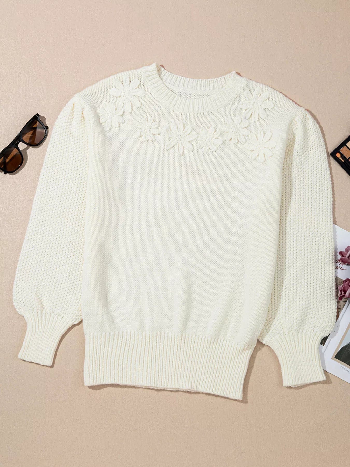 Flower Detail Puff Sleeve Sweater with Contrast Textured Round Neck - Image 3