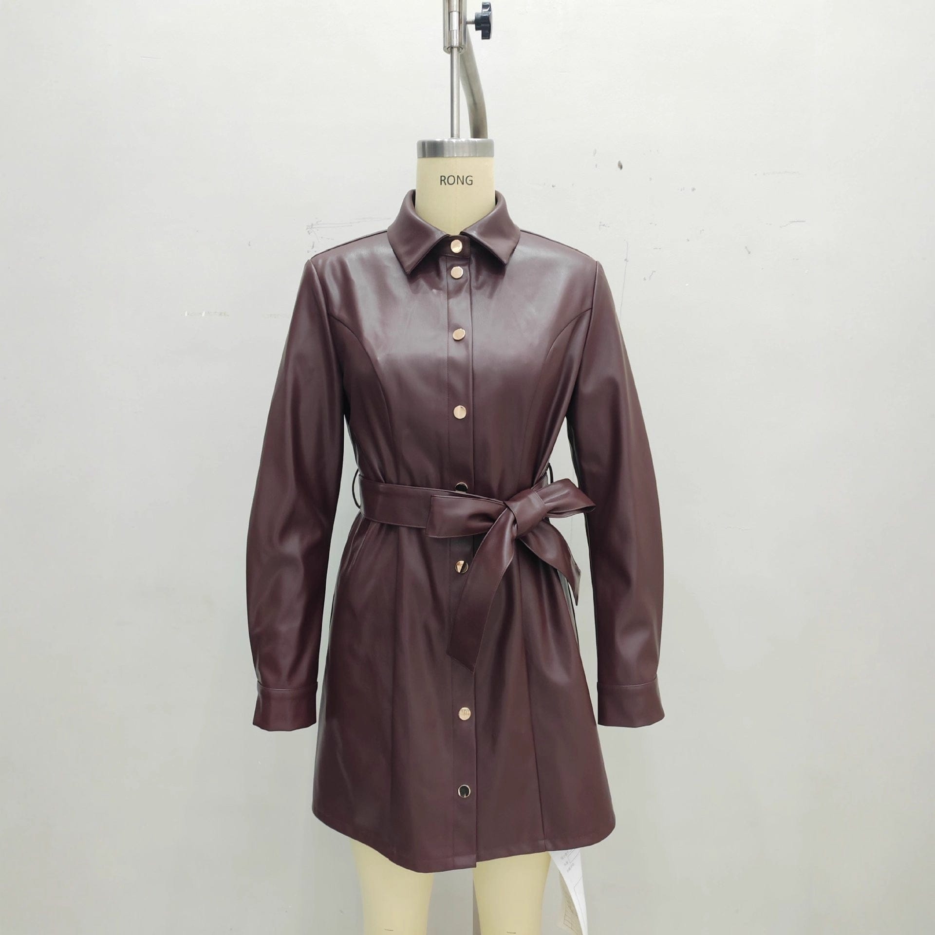 Belted Long-sleeve Leather Coat for Timeless Style - Image 3