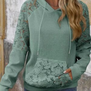 Lace Detail Hoodie with Drawstring and Long Sleeves