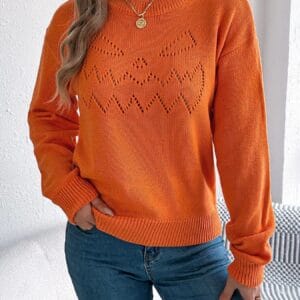 Openwork Long Sleeve Sweater with Round Neck Design