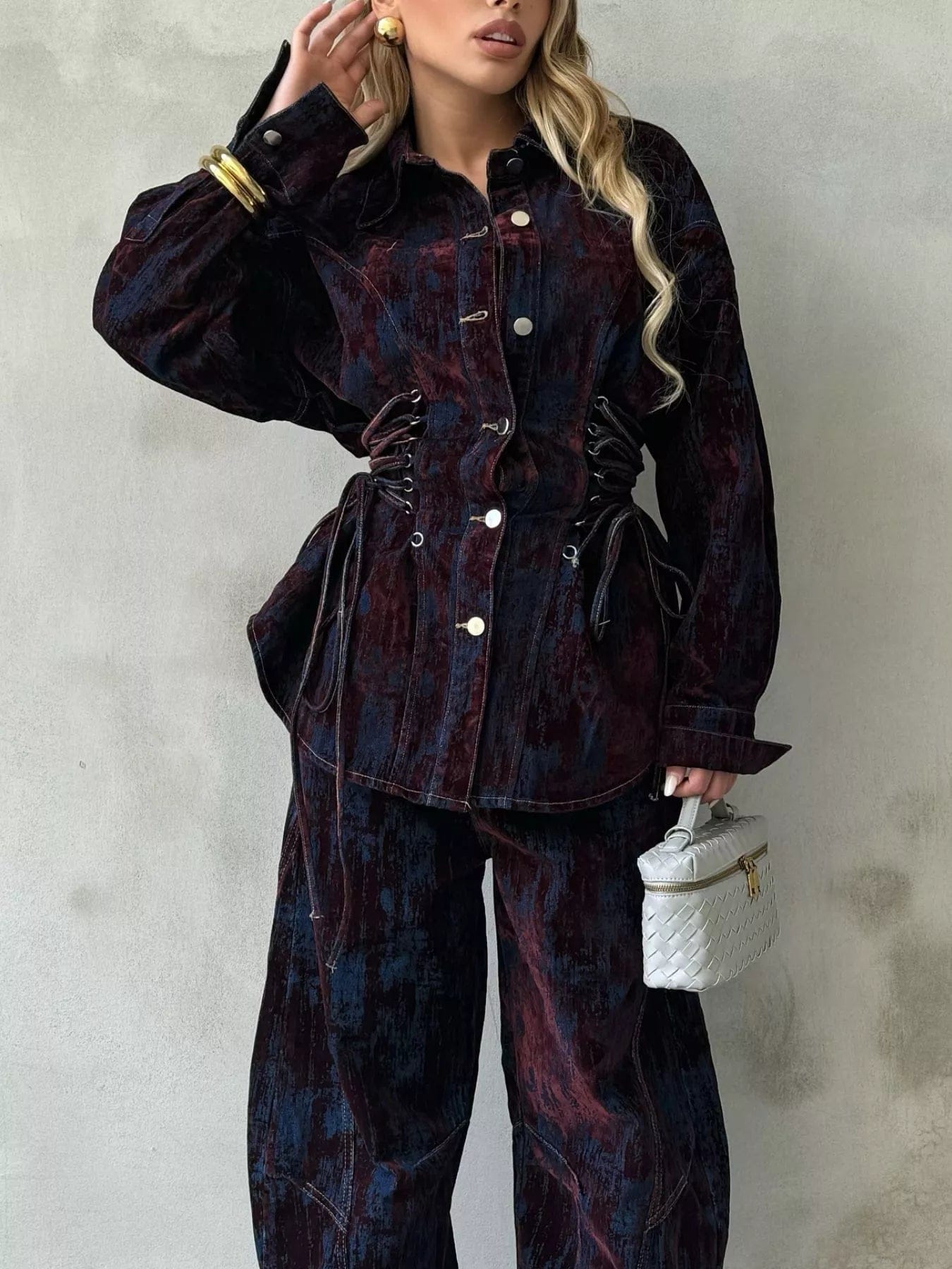 Laced Up Button Up Jacket and Jeans