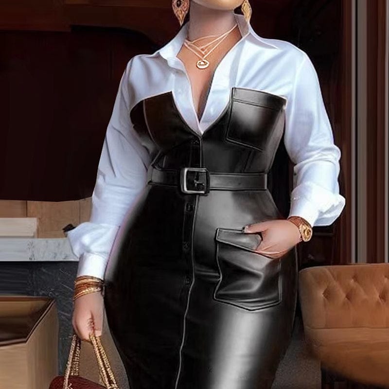 V-Neck Leather Trim Shirt Dress – Belted Statement Work-to-Evening Dress - Image 4