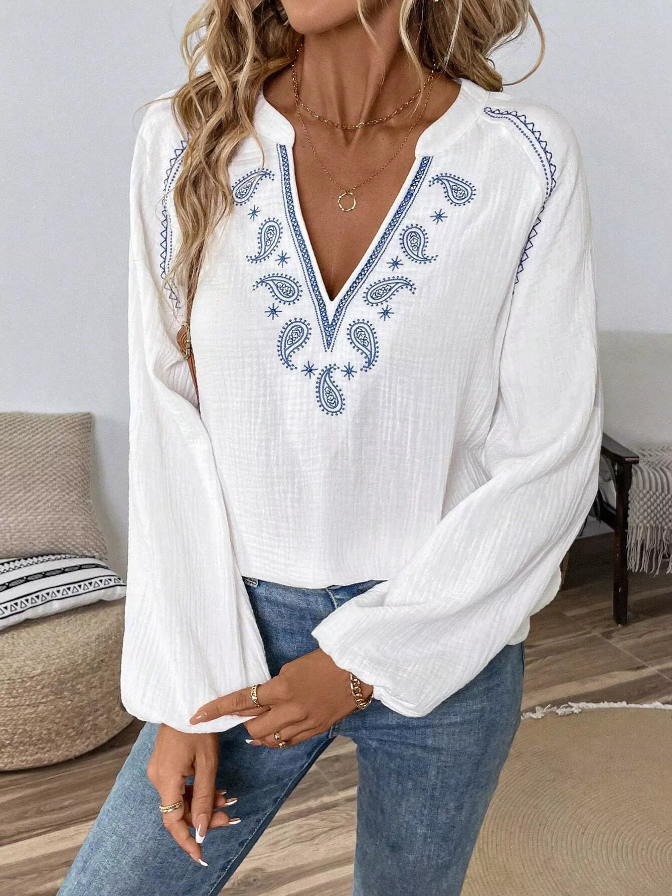 Paisley Balloon Sleeve Blouse with Notched Detail - Image 4