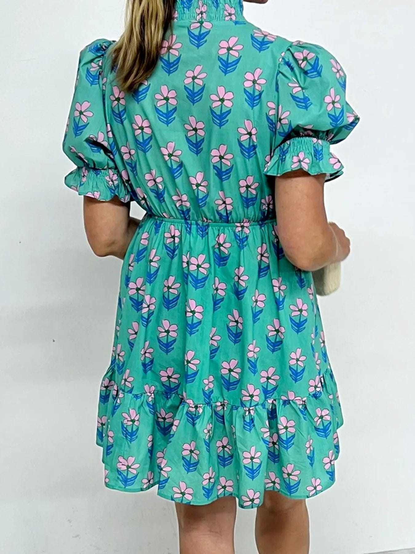 Floral Puff Sleeve Dress - Elegant Floral Print Shirt Dress - Image 2