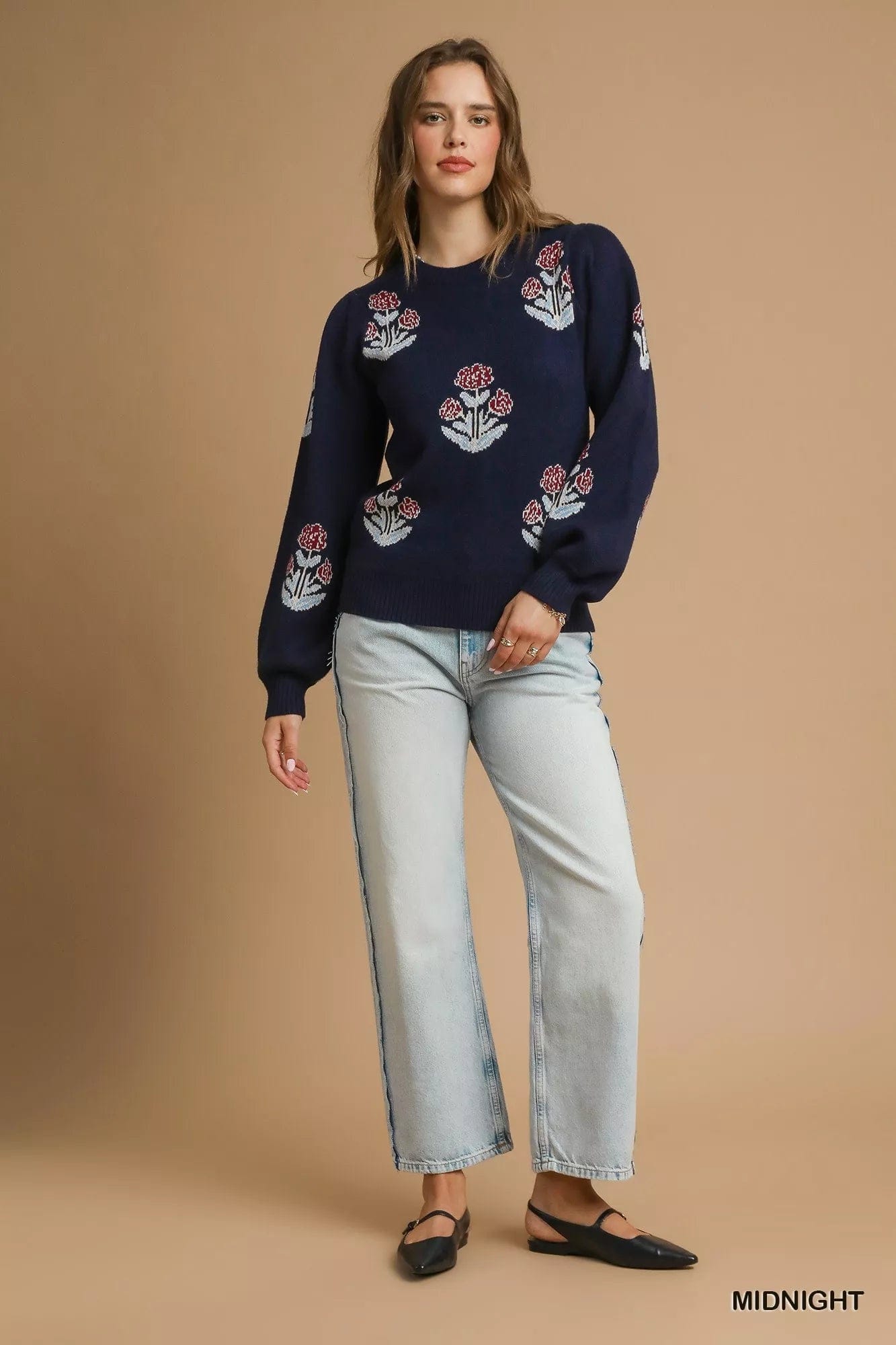 Floral Knit Sweater with Puff Sleeves - Stylish and Trendy Floral Sweater - Image 4
