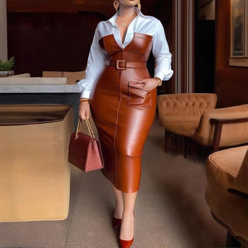 V-Neck Leather Trim Shirt Dress – Belted Statement Work-to-Evening Dress