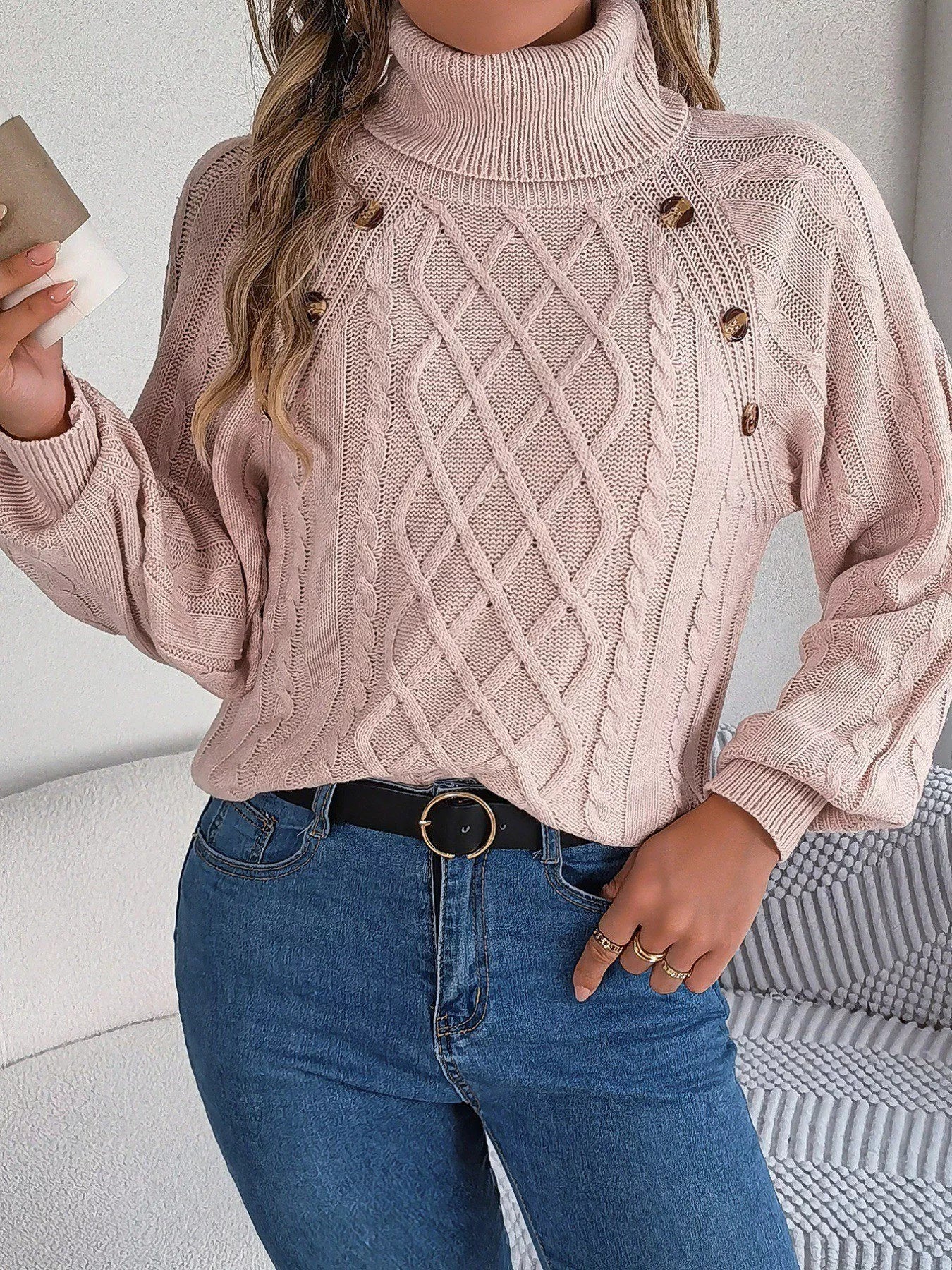 Cable Knit Turtleneck Sweater for Cozy Long Sleeve Comfort