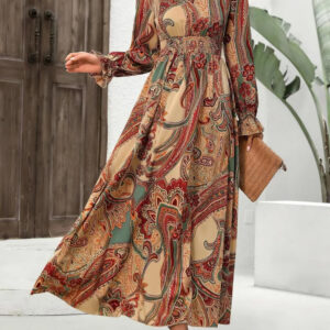 Smocked Printed V-Neck Dress with Flounce Sleeves