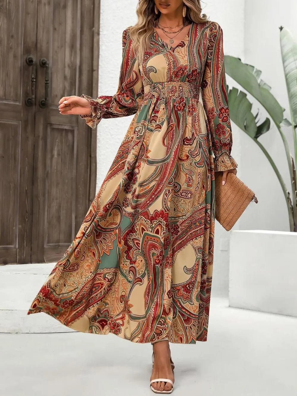 Smocked Printed V-Neck Dress with Flounce Sleeves