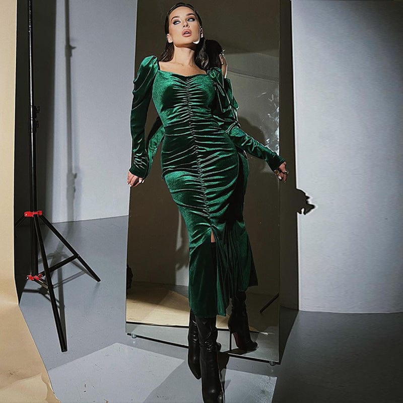 Women's Pleated Long-Sleeved Dress with Slim Fit and Slit - Image 3