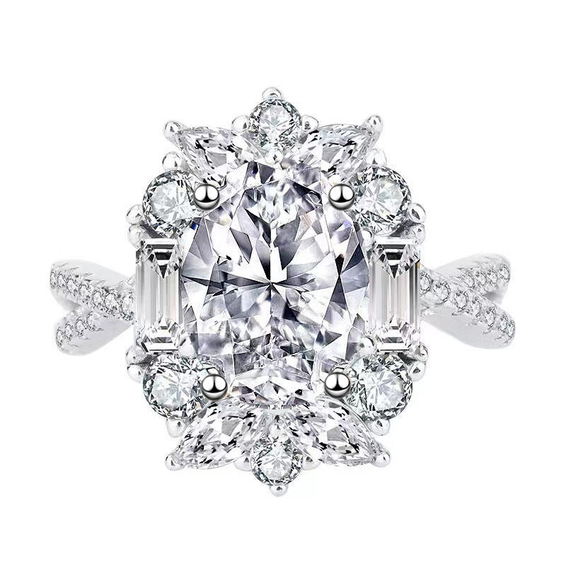 Luxury Oval Simulated Moissanite Ring – White Gold Plated Cluster Zircon Ring - Image 3