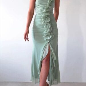 One-Shoulder Ruffle Dress with Slit