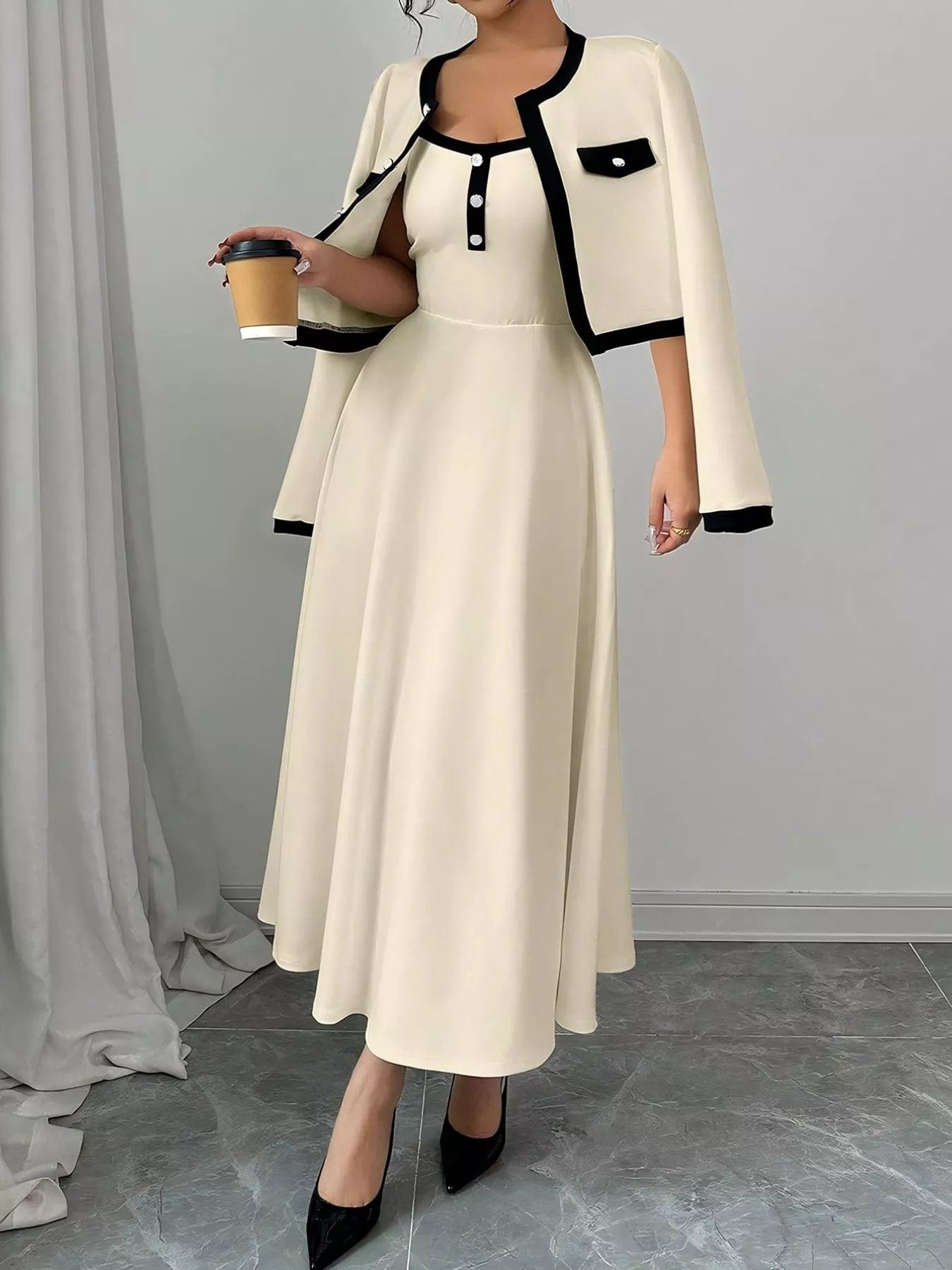Contrast Trim Maxi Dress Set with Cropped Cardigan - Image 5
