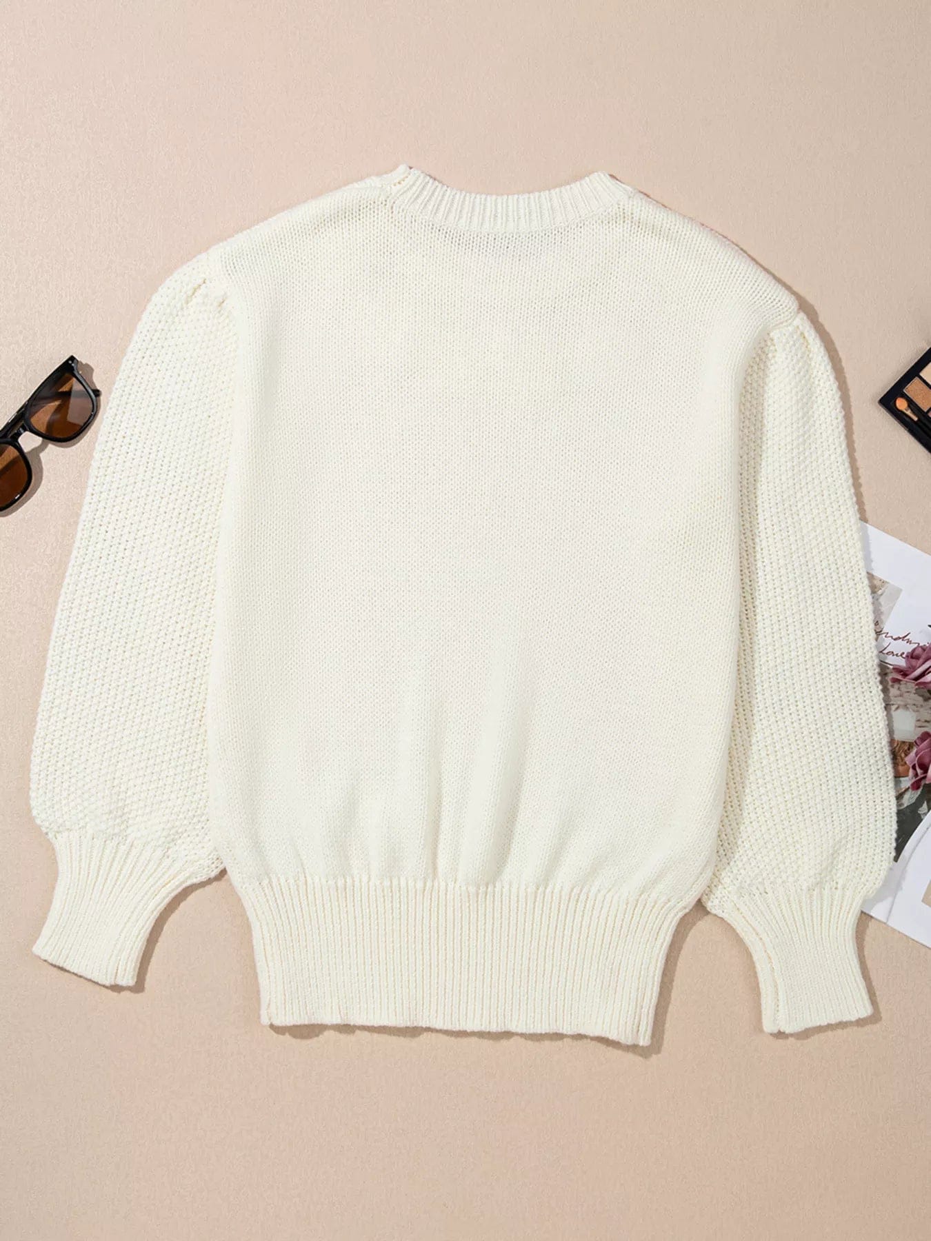 Flower Detail Puff Sleeve Sweater with Contrast Textured Round Neck - Image 4