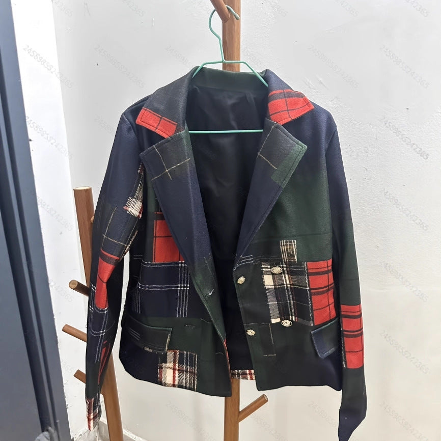 Double-breasted Wool Suit Jacket - Casual Plaid Style - Image 3
