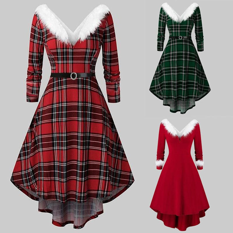 Women's Christmas Fur Dress - Long Sleeved Patchwork Design for Holiday Cheer