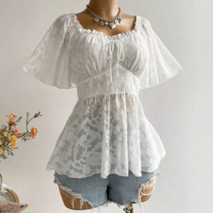 Plus Size Floral Blouse with Flutter Sleeves and Smocked Back