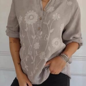 Full Size Plus Size Embroidered Blouse with Floral Button Detail