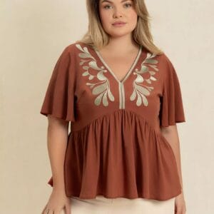 Plus Size Embroidered Blouse with V-Neck and Flutter Sleeves