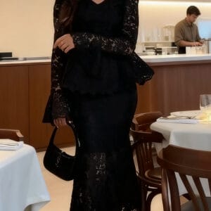 Glamorous Black Lace Peplum Top Set with Midi Skirt